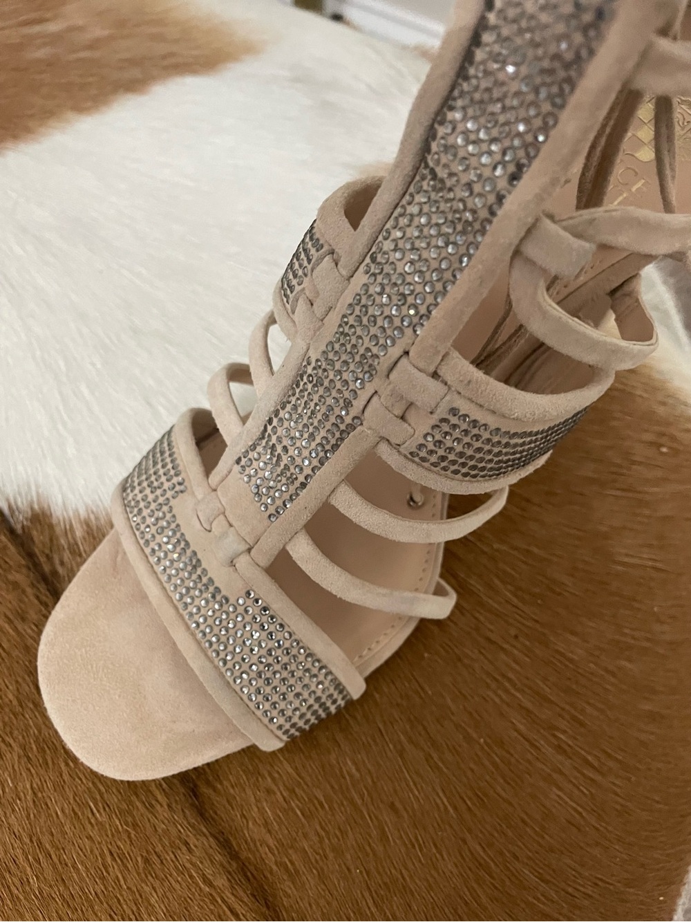 Vince Camuto Nude Suede Crystal Strappy High Heel Sandal